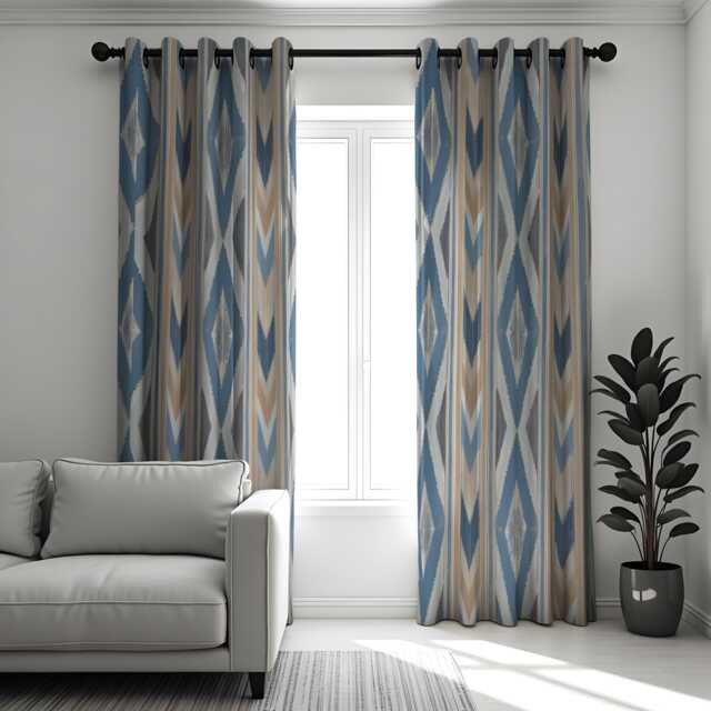 Ikat Print Curtains, Blue Tan Geometric Boho Drapes, Custom Made Window Panels For Modern Home Interior Styling - image 1