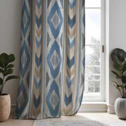 Ikat Print Curtains, Blue Tan Geometric Boho Drapes, Custom Made Window Panels For Modern Home Interior Styling - thumbnail 2