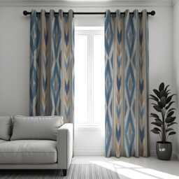 Ikat Print Curtains, Blue Tan Geometric Boho Drapes, Custom Made Window Panels For Modern Home Interior Styling - thumbnail 1