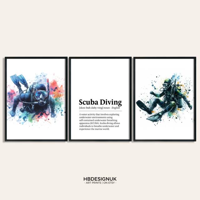 Scuba Diving Print Poster Set - Of 3 Posters - Watercolour Art Painting Decoration Decor Water Sports Gifts - image 1
