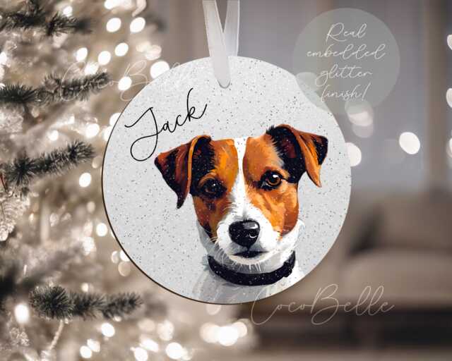 Personalised Jack Russell Bauble, Terrier Puppy Watercolour Painting Dog Digital Real Glitter Name Christmas Tree Pet Gift Ideas Lover Owner - image 1