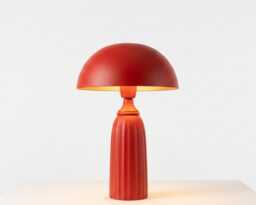 Table Lamp - Bold Modern Red Dome With Elegant Ribbed Column Base - Artistic Mid Century Bedside For Contemporary Home Decor