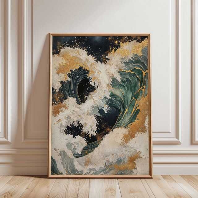 Golden Wave Poster, Japanese Ocean Wall Art, Abstract Sea Print - image 1
