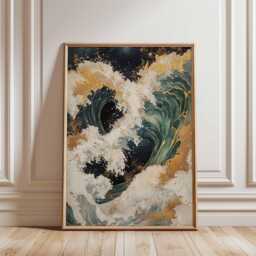 Golden Wave Poster, Japanese Ocean Wall Art, Abstract Sea Print - thumbnail 1