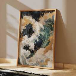 Golden Wave Poster, Japanese Ocean Wall Art, Abstract Sea Print - thumbnail 2
