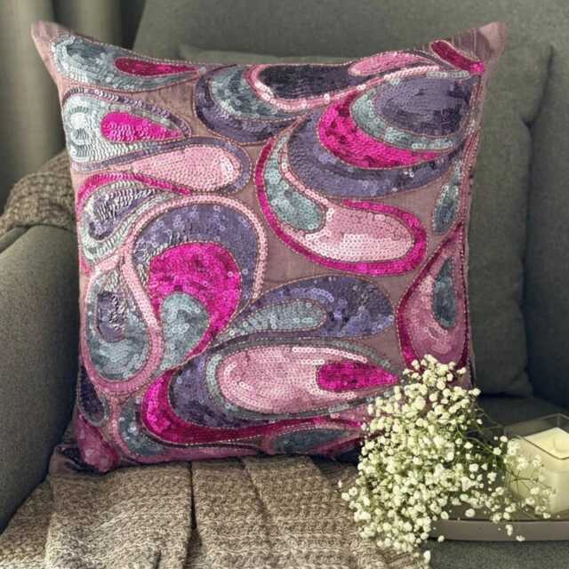 Purple Art Silk Sequin Embroidered Abstract Pattern Throw Pillow Cover, 16x16 Deco Cushion Cover - Royal Obsession - image 1