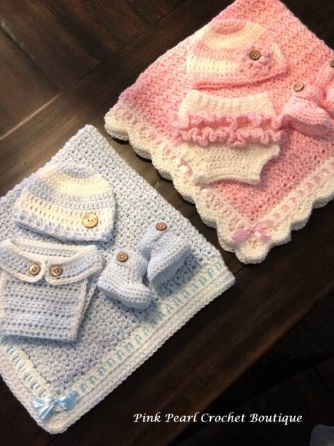 Twin Gift Set - Crochet Blue Baby Blanket Pink & For Twins - image 1