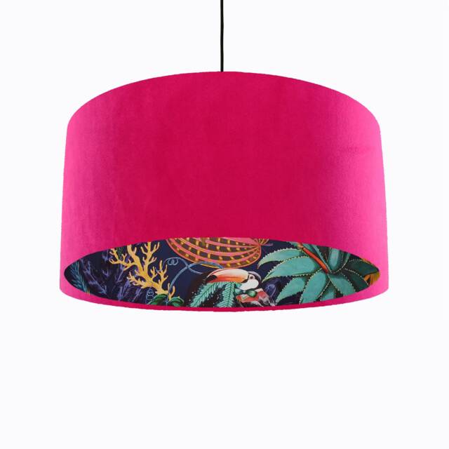 Cerise Pink Velvet Lampshade With Tropical Wonderland Lining, Large Ceiling Lightshade - image 1