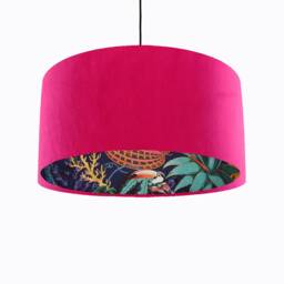 Cerise Pink Velvet Lampshade With Tropical Wonderland Lining, Large Ceiling Lightshade