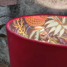 Cerise Pink Velvet Lampshade With Tropical Wonderland Lining, Large Ceiling Lightshade - thumbnail 3