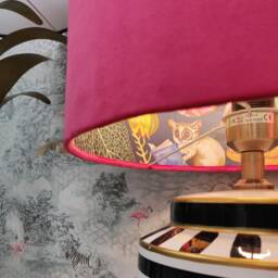 Cerise Pink Velvet Lampshade With Tropical Wonderland Lining, Large Ceiling Lightshade - thumbnail 2