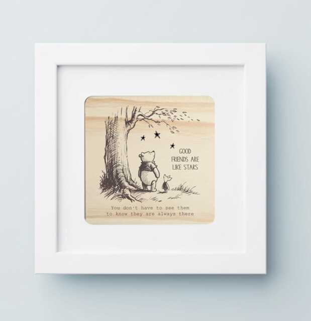 Cute Winnie The Pooh & Piglet Engraved Wood Art Gift - Valentine's Day Or Birthday For Special Friend Friends Are Like Stars Quote - image 1