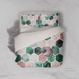 Hexagon Leaves Duvet Cover Set, Marble Geometric Bedding - thumbnail 2