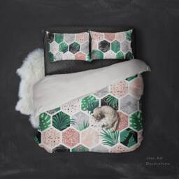 Hexagon Leaves Duvet Cover Set, Marble Geometric Bedding - thumbnail 1