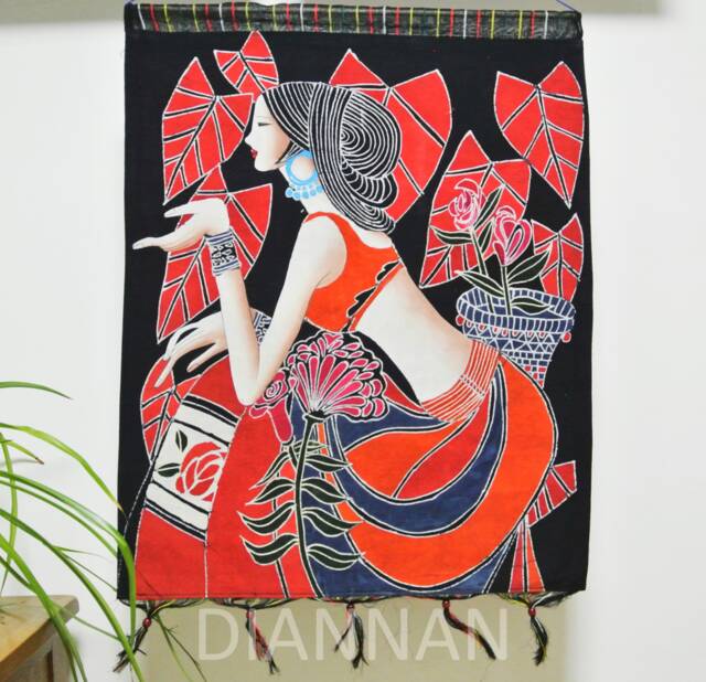 Vintage , Batik Painting Tapestry, The Red Leaf Lady, Good Luck For Artist, Indigo Wall Hanging - image 1