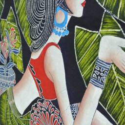 Vintage , Batik Painting Tapestry, The Red Leaf Lady, Good Luck For Artist, Indigo Wall Hanging - thumbnail 4