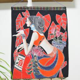 Vintage , Batik Painting Tapestry, The Red Leaf Lady, Good Luck For Artist, Indigo Wall Hanging - thumbnail 2