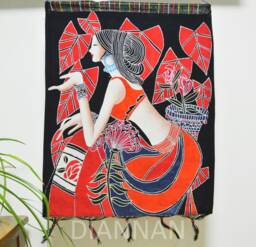 Vintage , Batik Painting Tapestry, The Red Leaf Lady, Good Luck For Artist, Indigo Wall Hanging - thumbnail 1
