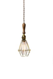 Antique Brass & Vintage Wood Handle Caged Trouble Light Pendant Shop - Plug in Or Hardwire Industrial Design - thumbnail 2