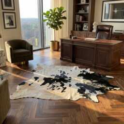 Authentic Black & White Cowhide Rug - Medium Natural Leather Skin For Elegant Interiors - 34x38 Inches - thumbnail 3