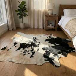 Authentic Black & White Cowhide Rug - Medium Natural Leather Skin For Elegant Interiors - 34x38 Inches - thumbnail 2