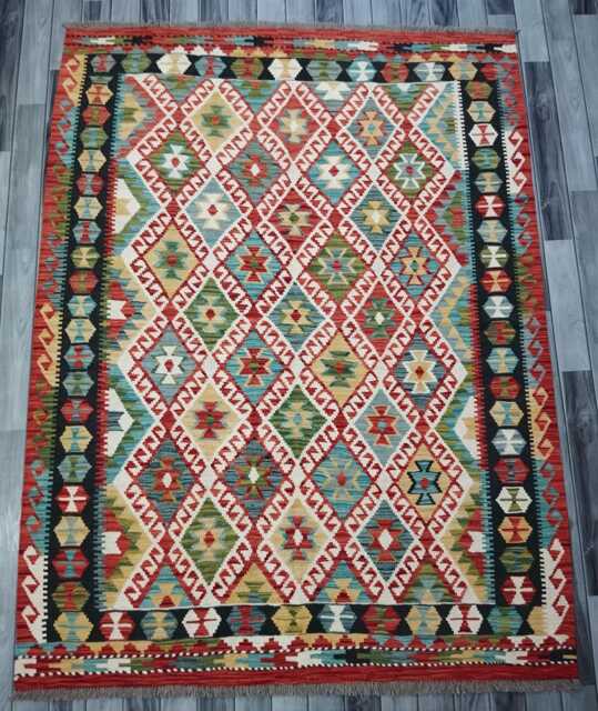 Tribal Kilim Rug, Handmade Artisan Afghan Turkish, Scandinavian, Navajo, Bohemian Flatweave, Natural Wool Multicolour Rug 205x156 cm - image 1