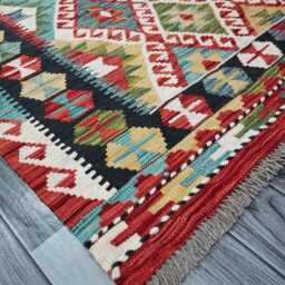 Tribal Kilim Rug, Handmade Artisan Afghan Turkish, Scandinavian, Navajo, Bohemian Flatweave, Natural Wool Multicolour Rug 205x156 cm - thumbnail 3