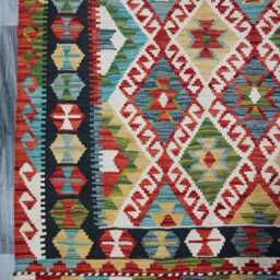 Tribal Kilim Rug, Handmade Artisan Afghan Turkish, Scandinavian, Navajo, Bohemian Flatweave, Natural Wool Multicolour Rug 205x156 cm - thumbnail 2