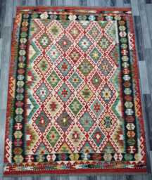 Tribal Kilim Rug, Handmade Artisan Afghan Turkish, Scandinavian, Navajo, Bohemian Flatweave, Natural Wool Multicolour Rug 205x156 cm - thumbnail 1