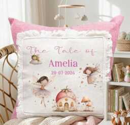 Personalised Pink Linen Fairy Garden Cushion, Magical Forest Bespoke 40x40cm Pillow Keepsake Nursery Item - thumbnail 1