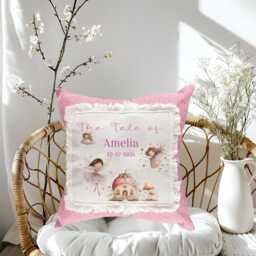 Personalised Pink Linen Fairy Garden Cushion, Magical Forest Bespoke 40x40cm Pillow Keepsake Nursery Item - thumbnail 4