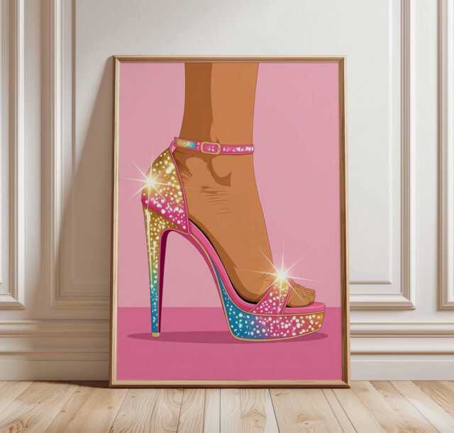 Glam High Heel Wall Art Print, Sparkly Rainbow Stiletto Poster, Fashion Illustration, Pink Shoe Art, Modern Pop Decor For Women - image 1
