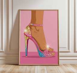 Glam High Heel Wall Art Print, Sparkly Rainbow Stiletto Poster, Fashion Illustration, Pink Shoe Art, Modern Pop Decor For Women - thumbnail 1