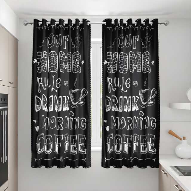 Black Coffee Kitchen Curtains, Funny Morning Quote Drapes, Cafe Style Window Panels, Our Home Rule Drink Curtain Decor - image 1