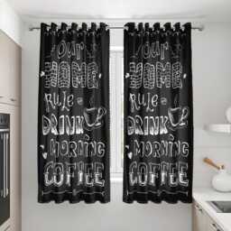 Black Coffee Kitchen Curtains, Funny Morning Quote Drapes, Cafe Style Window Panels, Our Home Rule Drink Curtain Decor