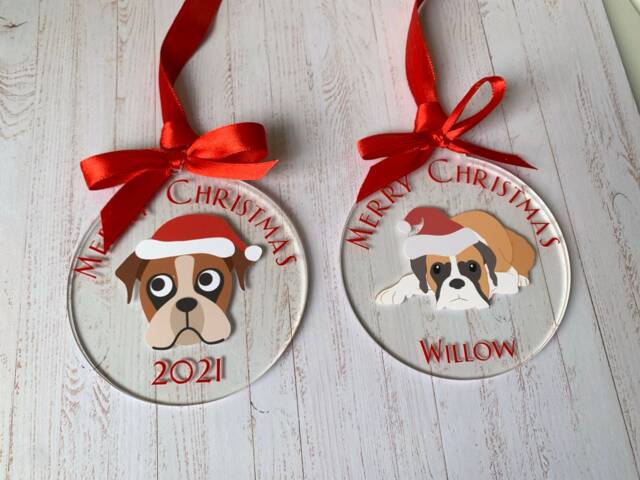 Personalised Boxer Dog Christmas Bauble, Flat Round Acrylic Hanging Decoration, Tree Ornament With Boxer, Red Bow & Ribbon, 2 Designs - image 1