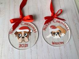 Personalised Boxer Dog Christmas Bauble, Flat Round Acrylic Hanging Decoration, Tree Ornament With Boxer, Red Bow & Ribbon, 2 Designs - thumbnail 1