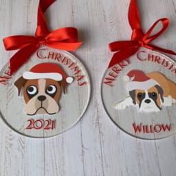 Personalised Boxer Dog Christmas Bauble, Flat Round Acrylic Hanging Decoration, Tree Ornament With Boxer, Red Bow & Ribbon, 2 Designs - thumbnail 2