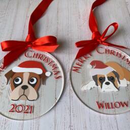 Personalised Boxer Dog Christmas Bauble, Flat Round Acrylic Hanging Decoration, Tree Ornament With Boxer, Red Bow & Ribbon, 2 Designs - thumbnail 3