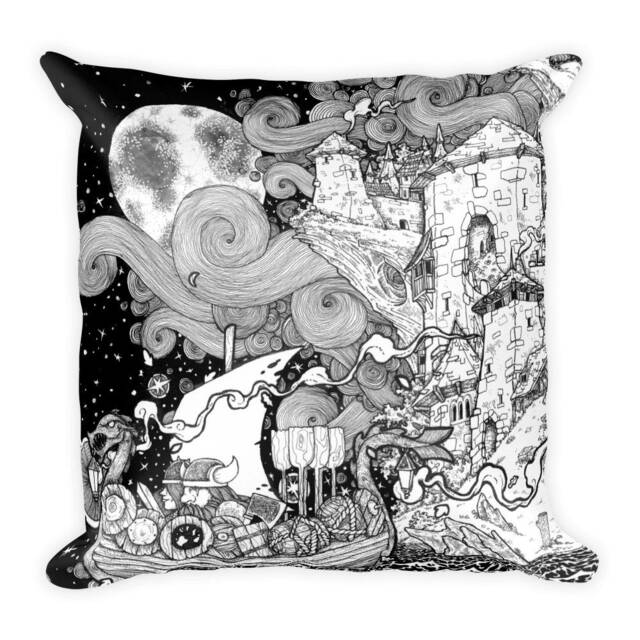 Viking Square Pillow, Pen Ink Illustration Print, Norse Fantasy Medieval Edge Of The World Landscape At Night With Stars, Fish, Boat, Castle - image 1