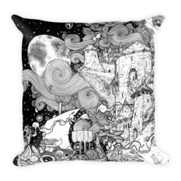 Viking Square Pillow, Pen Ink Illustration Print, Norse Fantasy Medieval Edge Of The World Landscape At Night With Stars, Fish, Boat, Castle - thumbnail 2