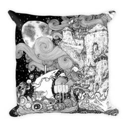 Viking Square Pillow, Pen Ink Illustration Print, Norse Fantasy Medieval Edge Of The World Landscape At Night With Stars, Fish, Boat, Castle