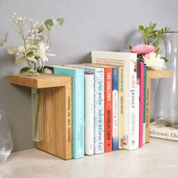 Pair Of Personalised Solid Oak Bookends With Vase Unique Floral Book Holder - thumbnail 2