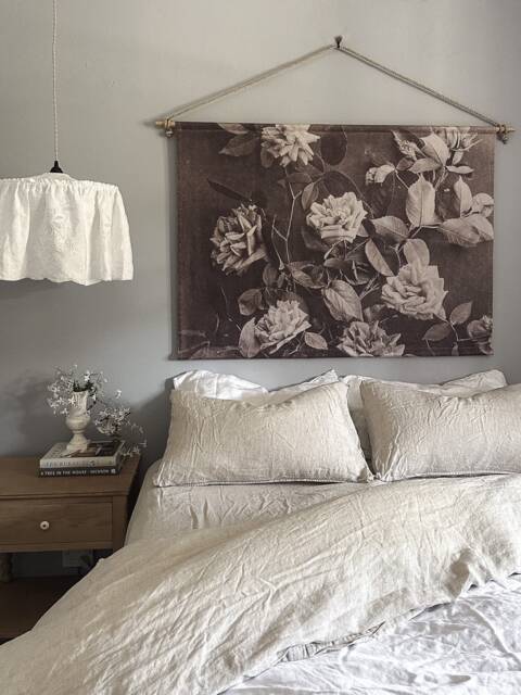 Linen Wall Hanging Vintage Garden Roses Print On Linen, Ready To Hang - image 1