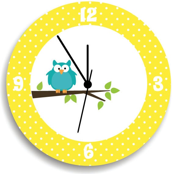 Owls On Tree Kids Wall Clock, Yellow & White Polka Dots Nursery Room Decor
