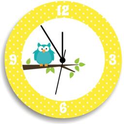 Owls On Tree Kids Wall Clock, Yellow & White Polka Dots Nursery Room Decor