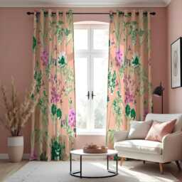 Peach Floral Botanical Curtains, Green & Purple Garden Bloom Pattern Drapes, Modern Nature Inspired Panels - thumbnail 3