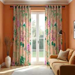 Peach Floral Botanical Curtains, Green & Purple Garden Bloom Pattern Drapes, Modern Nature Inspired Panels