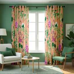 Peach Floral Botanical Curtains, Green & Purple Garden Bloom Pattern Drapes, Modern Nature Inspired Panels - thumbnail 2