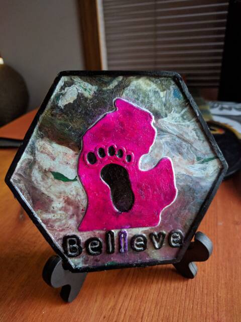 Decorative Tile, Wall Art, Hand-Crafted & Painted with Alcohol Ink, Bigfoot Sasquatch, Michigan, Recycled Re-Purposed Plastic, Hexagon Tile - image 1